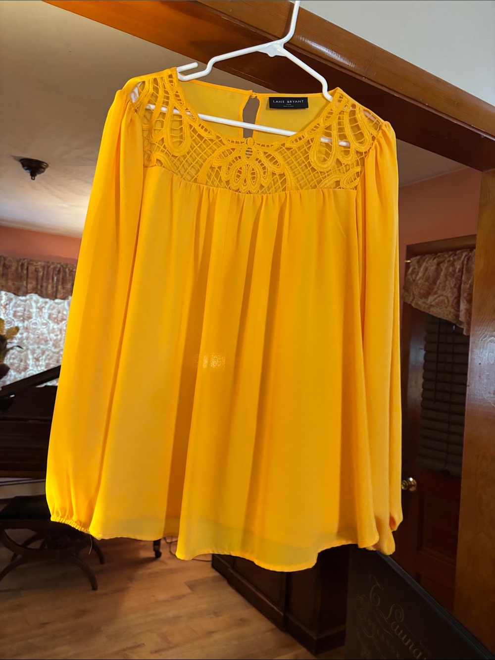 Lane Bryant Bright Yellow Crochet Yoke Long Sleeve Blouse